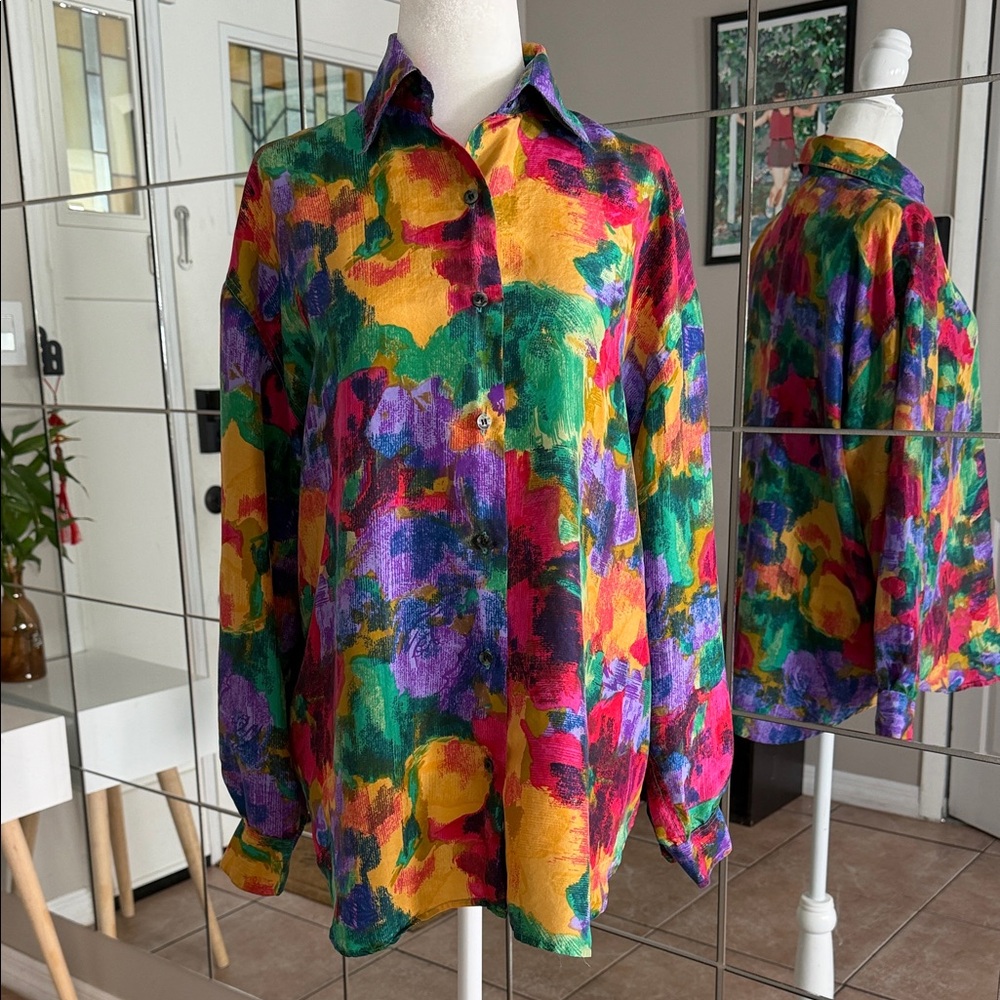 Vintage Silk Multicolor Abstract Floral Button-Down Relaxed Fit Shirt